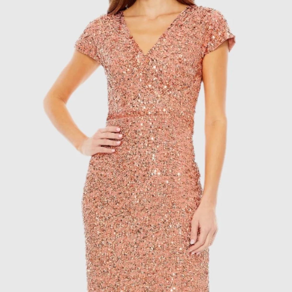 MAC DUGGAL 10766 COPPER SEQUIN SHORT SLEEVE WRAP OVER COCKTAIL DRESS sz 14